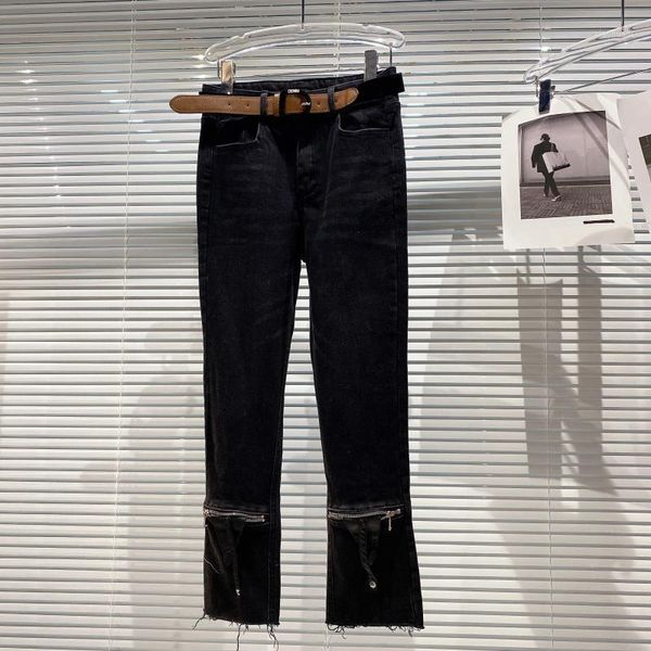 

deat 2020 winter women new style fashion high waist multi zipper belt decoration elastic streetwear slim straight jeans rd7001, Blue