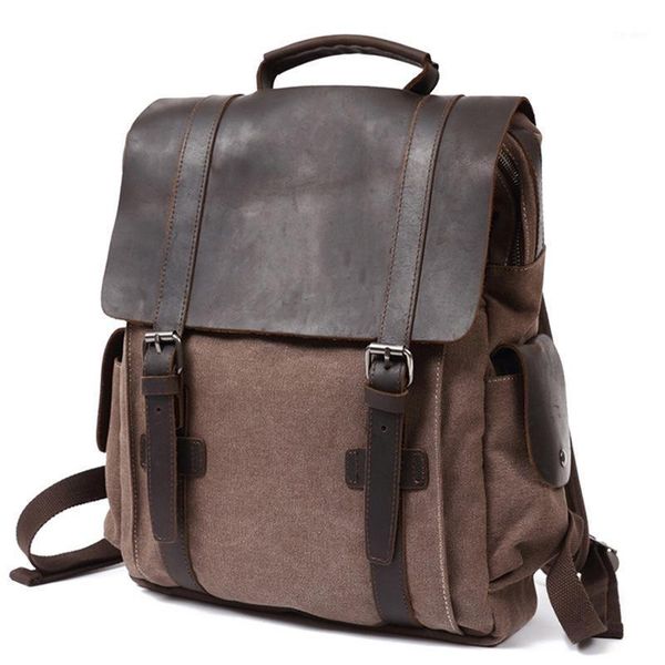 Backpack Men Canvas Rucksack Vintage Genuine Leather1