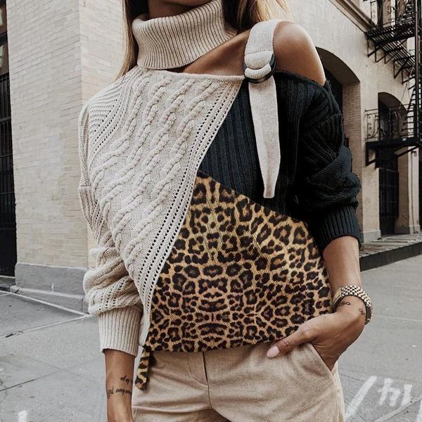 

leopard patchwork turtleneck sweater women off shoulder color block knitted sweaters batwing long sleeve pullover 1, White;black