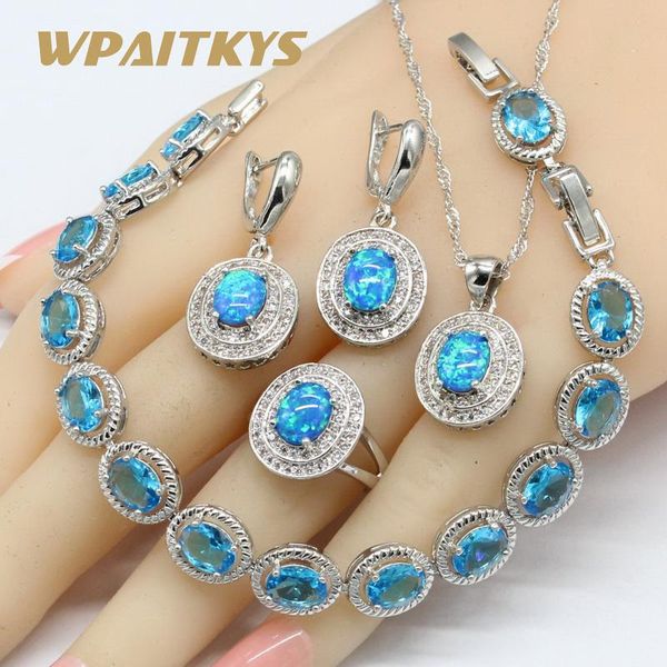 

овальные autralia blue opal ожерелье подвеска серьги серьги серебряный цвет ювелирные изделия наборы для женщин небо голубые кристальные бра, Silver