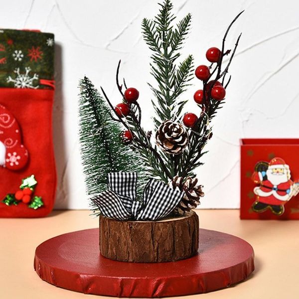 

2021 mini christmas tree with light-emitting wooden base table christmas tree pine fruit deer safflower style1