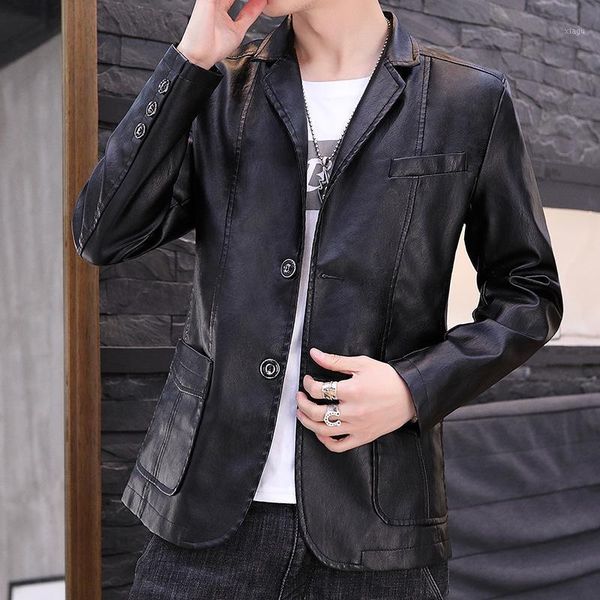 

mens leather jacket autumn winter men's casual blazer leather jacket suit coat motorcycle business male jaqueta de couro1, Black