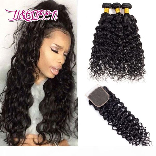 

malaysian mink human hair water wave bundles with middle three part lace closure 4x4 closure with 3 bundles water wave hair weaves, Black;brown