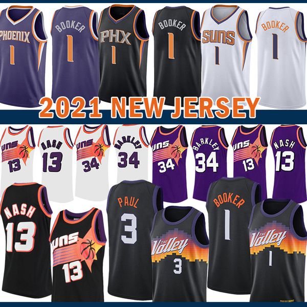 

2021 new basketball jersey phoenix suns mens devin 1 booker chris steve 13 nash 3 paul charles 34 barkley purple, Black;red