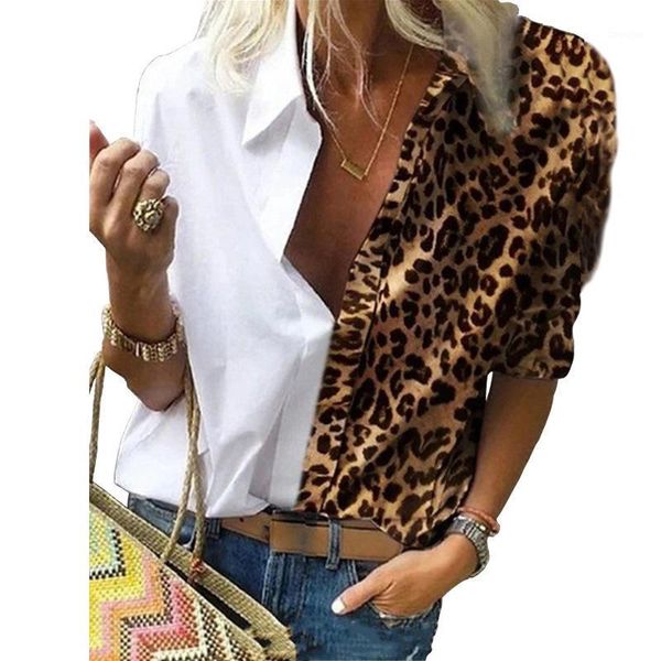

vintage blouse long sleeve leopard print splicing blouse v-neck office shirt autumn fashion casual loose plus size blusas1, White