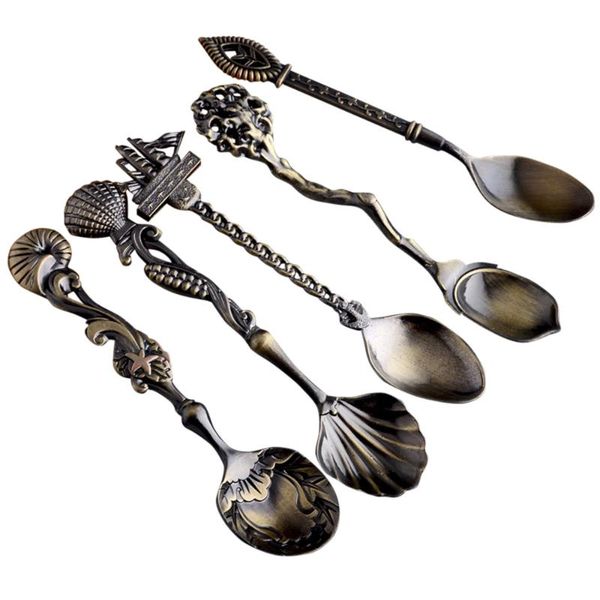 

spoons 5pcs/set vintage coffee spoon marine style antique cutlery zinc alloy carved ocean dessert decorative tableware
