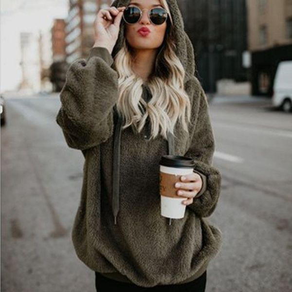 

european and american long sleeve hooded solid color womens fleece pullover coat, Black