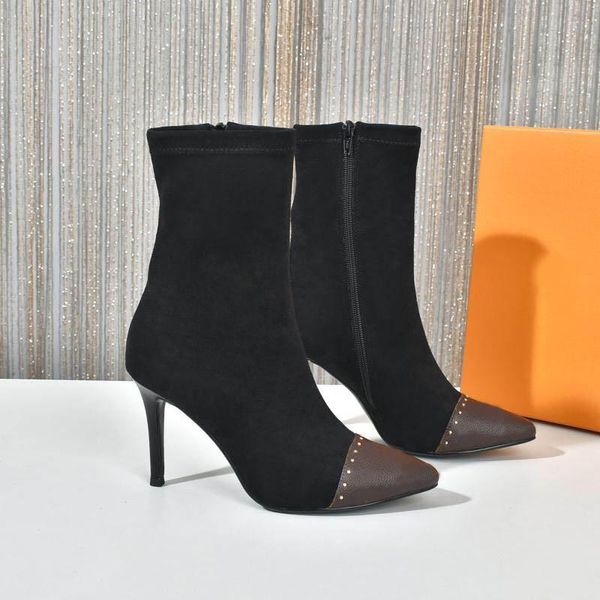 

boots 2021 suede leather shoes high heel women thin pointed toe winter fashion pure black 34-42