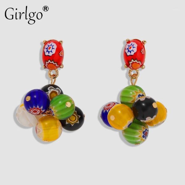

girlgo new colorful beaded earrings for women ethnic flower cute hanging ball pendant earrings jewelry girlfriend gifts bijoux1, Golden;silver