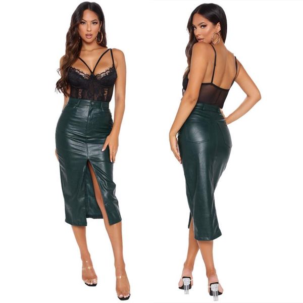 

green pu faux leather winter skirt 2020 women high waist office wear bodycon split mid-calf pencil skirts with pocket streetwear, Black