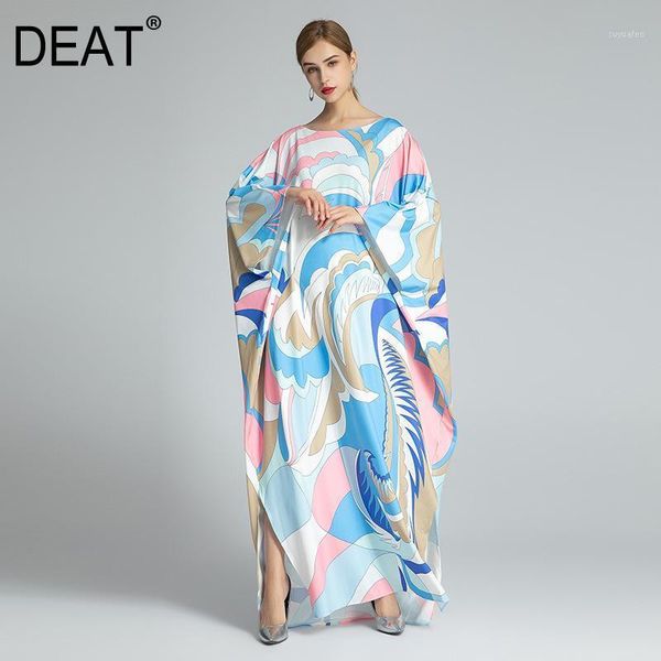 

deat] 2020 new autumn fashion women dress bohemian print bat sleeve round collar large size floor long length slik tx6151, Black;gray