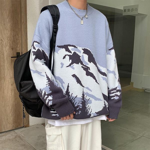 

men sweater streetwear mountain tree pattern hip hop autumn pullover spandex o neck oversize couple casual male, White;black