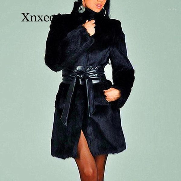 

women's fur & faux black coat long women plus size solid sleeve neck zipper pockets jacket belt elegant vintage flocking1