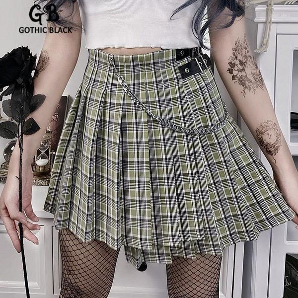 

gothblack streerwear high waist mini skirts gothic women plaid splice chain pleated skirt 2020 summer new harajuku skirt1, Black