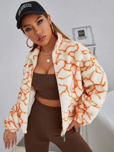 

geo pattern drop shoulder o-ring zipper teddy jacket z3nc#, Black;brown