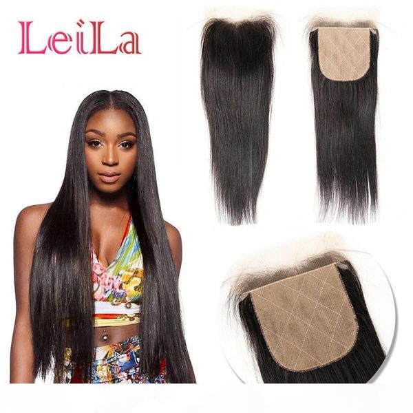 

malaysian virgin human hair silk base 4x4 lace closure straight hair bleached knots natural color 25-50 g closures from leila, Black;brown