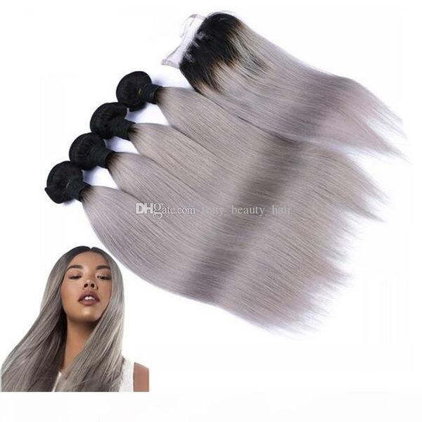 

4pcs lot ombre brazilian hair with lace closure two tone 1b sliver grey dark root ombre silk straight hair 4 bundles with closure, Black