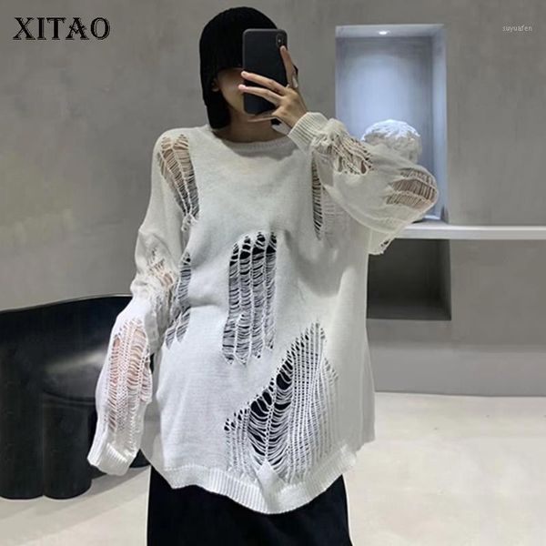 

xitao streetwear hole sweater women plus size personality pullover women korean style fashion loose lazy oaf knitwear zy10671, White;black
