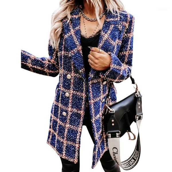

vintage plaid print coats women double breasted wool jackets ladies houndstooth elegant long coats pockets outerwear manteau d301, Black