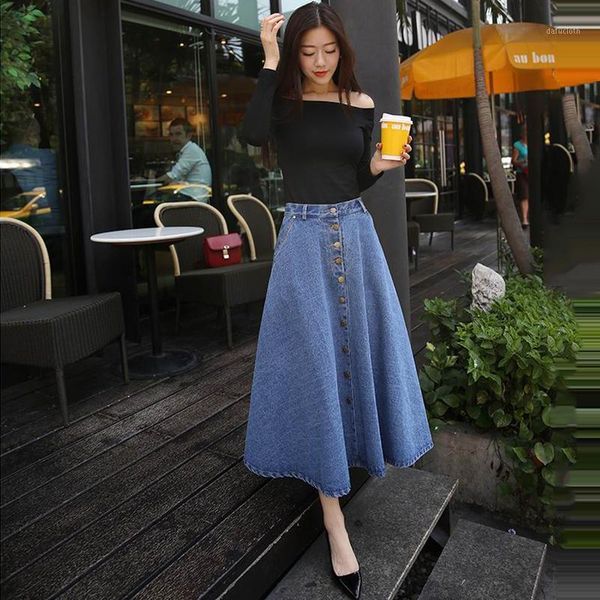 

2019 denim ankle length skirt woman summer high waist skirts for women single breasted lady for girls all-matched jeans skirt1, Black
