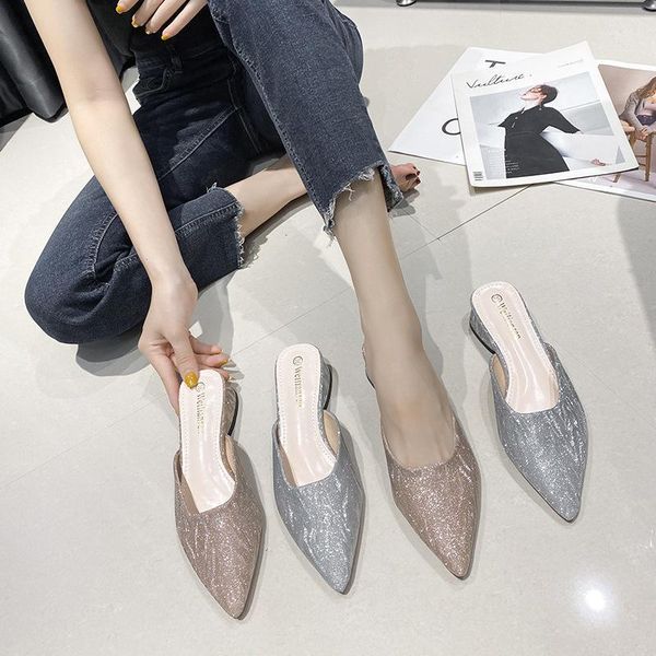 

slippers 2021 pointed toe women glitter bling chunky heel mule slip on shallow slides big size shoes mules sandalias mujer1, Black