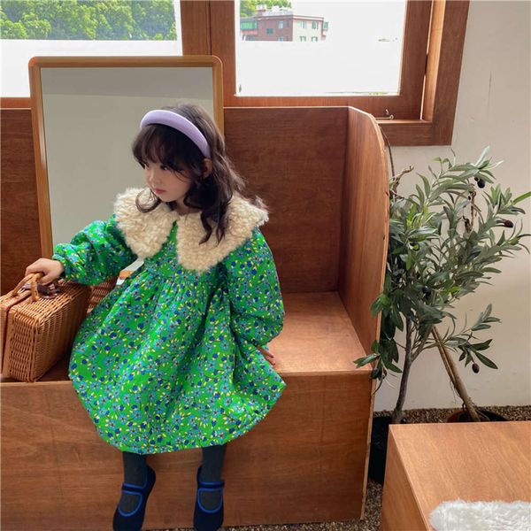 

winter korean 2020 princs skirt girl's thickened wool collar big lapel floral drs, Red;yellow