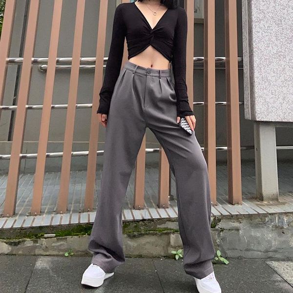 

women's pants & capris autumn women casual high waist polyester straight full length female streetwear spring gray trousers1, Black;white