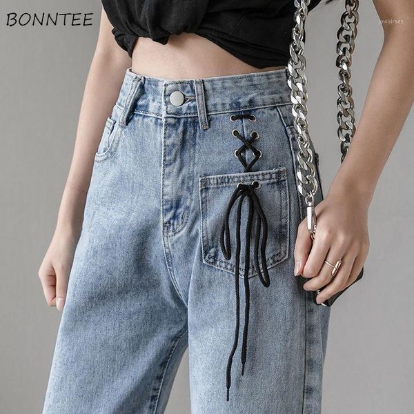 

women's jeans women fashion female loose straight jean chic comfortable lace up high waist stylish ulzzang large size 3xl denim leisure, Blue