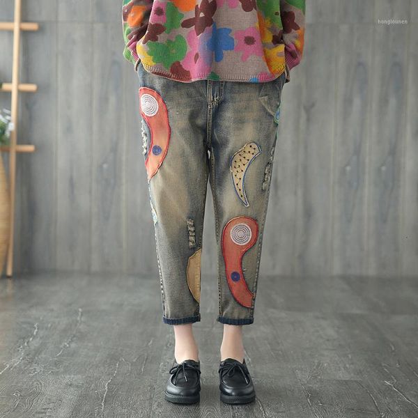 

2019 national female elastic waist denim pants jeans wind cartoon embroidery patch retro loose casual denim trousers harem pants1, Blue