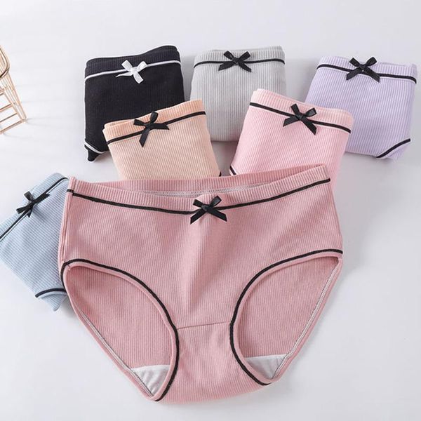 

thread seamless cotton girl bow briefs mid-waist one-piece cotton crotch hip-lifting panties, Black;pink