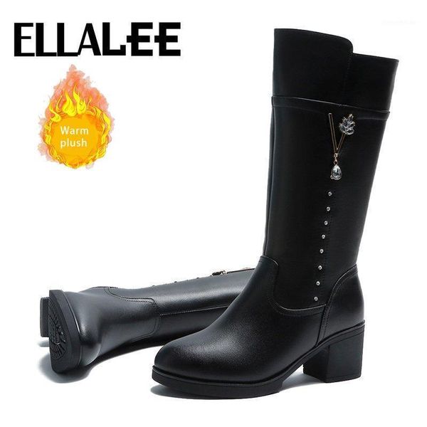 

boots ellalle women leather black round toe zipper square heel winter fur plush ladies warm shoes1