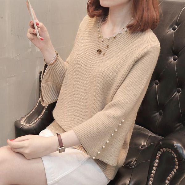 

new 2021 autumn and winter women pearl beaded sweater v neck long sleeve loose women knit sweater and pullover ns4403, White;black