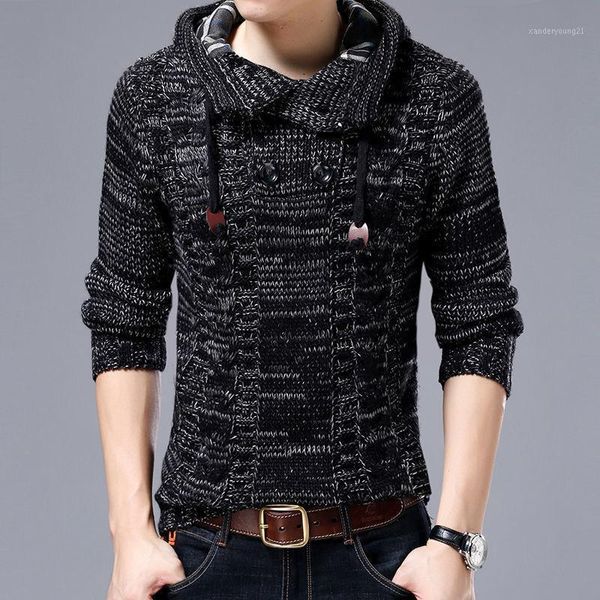 

men's sweaters korean version of slim pullover men's turtleneck sweater jacket hooded knitting plus velvet thickening trend1, White;black