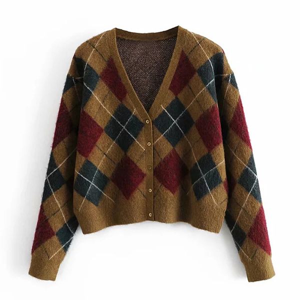 

women vintage argyle print knitted cardigans 2021casual long sleeve plaid sweater chic v neck ladies outerwear, White;black