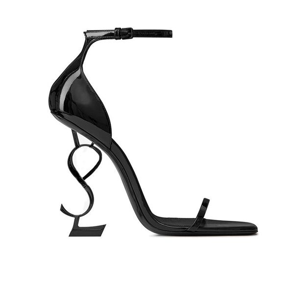 

2023 designer high heels sandals women dress shoes patent leather pumps party wedding office slippers metal letters sandal, Black