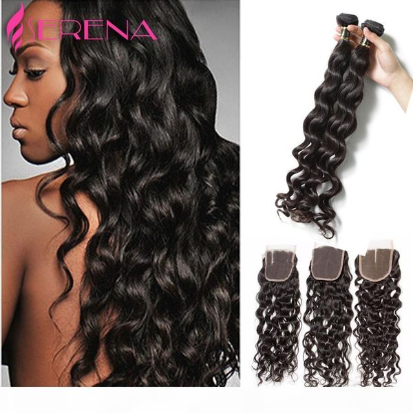 

unprocessed brazilian water wave virgin hair 3 bundles with closure brazilian virgin hair with lace closure rosa hair products curly, Black;brown