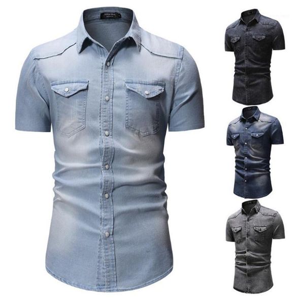 

men's casual shirts men's denim shirt short sleeve fashion wash lapel tooling business high1, White;black