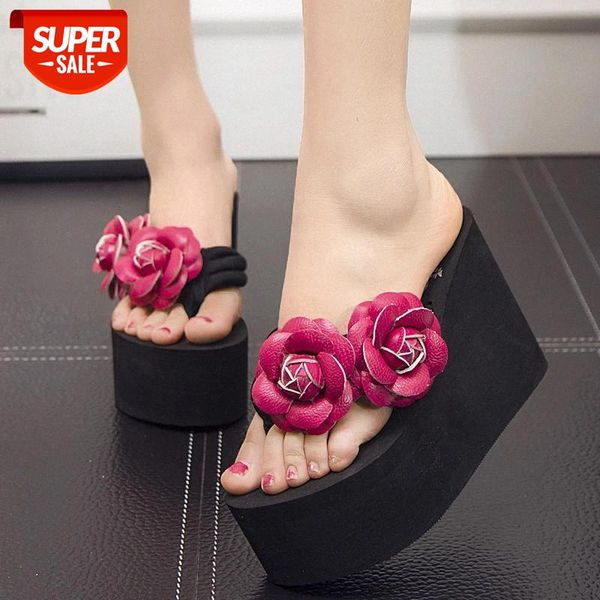 

11 cm high heel women summer slipper women's thick non-slip fahion flip-flops slipper handmade flower outdoor beach shoes #ww42, Black