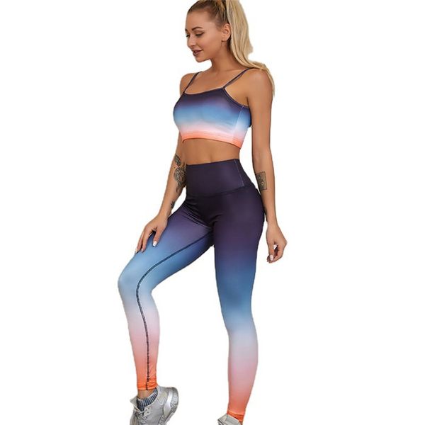 

tie-dye gradient yoga tracksuits womens spaghetti strap backless tamks high waist slim fitness sports pencil trousers, Gray