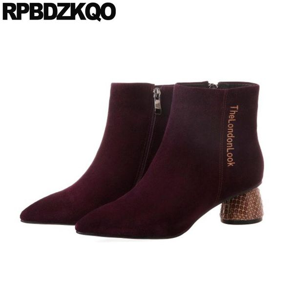 

boots pointed toe booties genuine leather shoes elegant luxury women ankle medium heel suede purple block sheepskin chunky fall, Black
