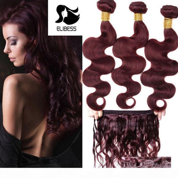 

elibess hair-body wave burgundy 99j red color 50g piece 3 bundles double weft hair extension, Black