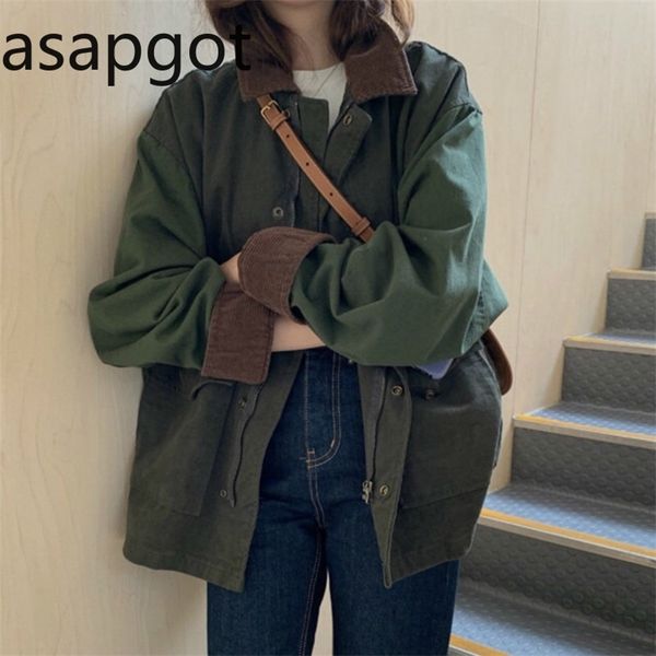 

korean thick autumn vintage lapel casual bf safari style loose full lantern sleeve coats and jackets women armygreen streetwear 201210, Black;brown