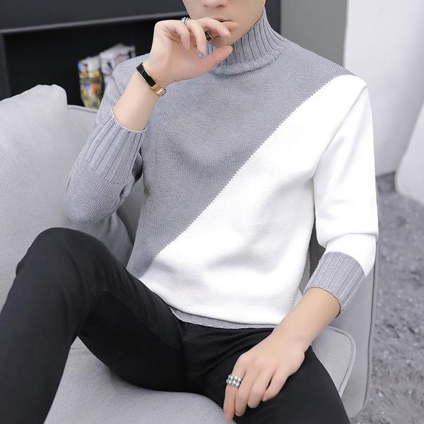 

mens sweater winter men's new high neck pullover personality color matching sweater casual slim bottoming, White;black