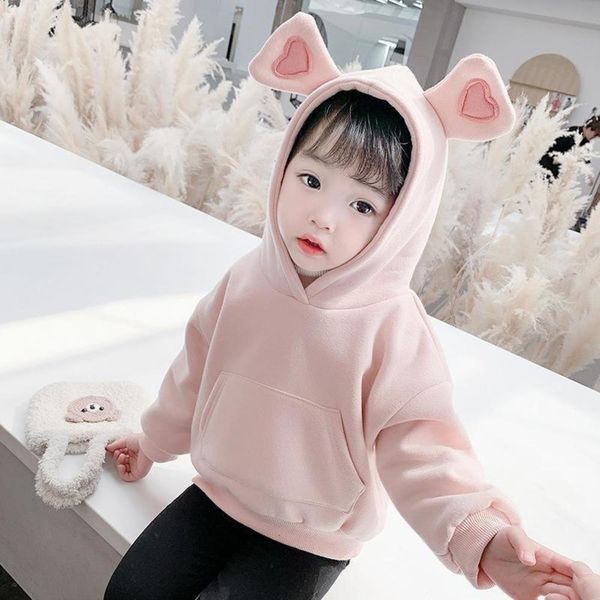 

autumn children's sweater winter 2020 new little girl's embroidered ear plush girls' solid color hoodie, Black