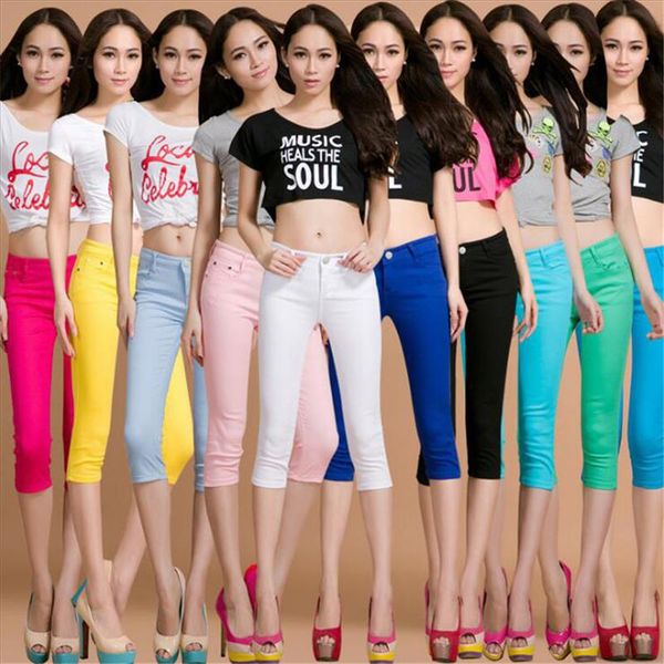

whole cotton colour elastic force cropped trousers pencil pants high waist jeans woman skinny women jeans mujer jean plus size, Blue