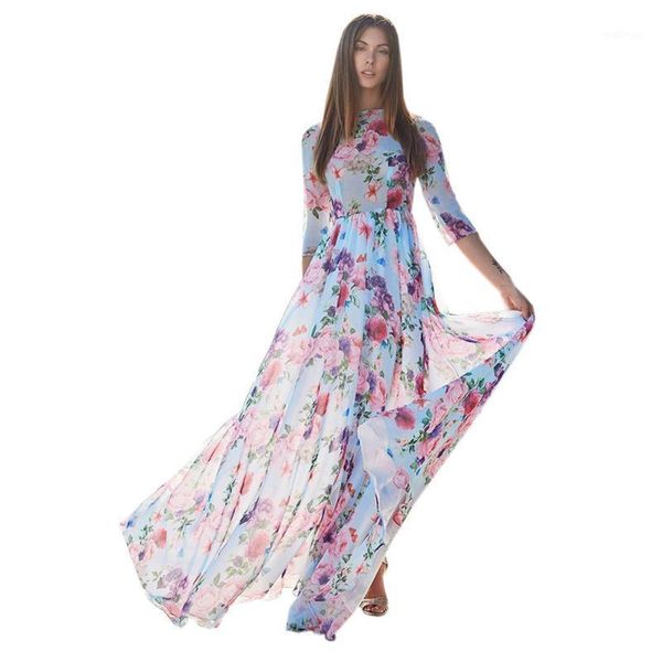 

women loose dress summer floral printing three quarter sleeve evening party beach long nice dress o-neck1, Black;gray