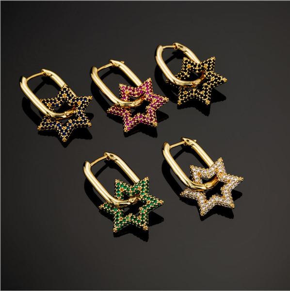 

fashion creative six-pointed star flower shape earrings copper plated micro-inlaid colored zircon, Golden;silver