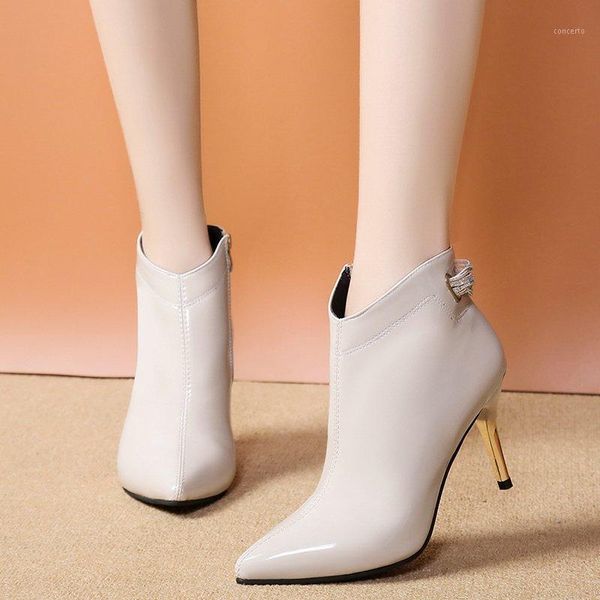 

fashion nice pointed toe autumn shoes patent leather ankle boots women rhinestone zipper thin high heels botas mujer1, Black