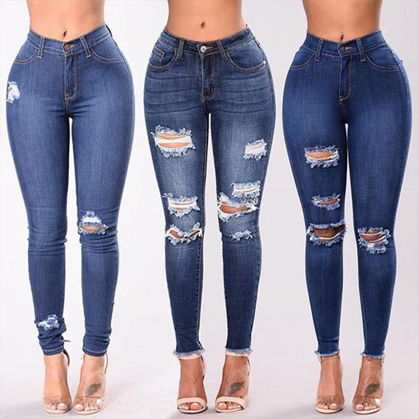 

new 2020 spring fashion high waist mom jeans female ripped jeans for women black denim skinny woman plus size pencil pants, Blue