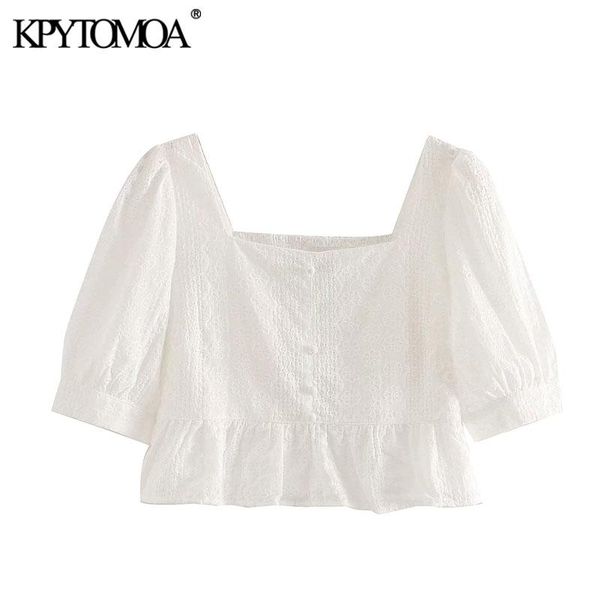 

women's blouses & shirts kpytomoa women 2021 sweet fashion embroidery ruffled cropped vintage puff sleeve back elastic female chic, White